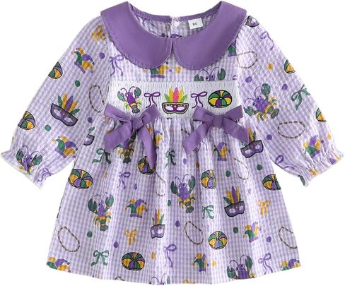 Toddler Girl Mardigras Outfit Plaid Print Doll Collar Short Sleeve Ruffled A Line Dress Cute Kids Carnival Dresses in Saudi Arabia
