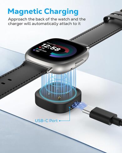 محول شاحن MoKo USB C لساعة Fitbit، قاعدة شحن من النوع C لساعة Versa 4/Versa 3/Sense 2/Sense/Google Pixel Watch 3/2، بديل كابل شحن مغناطيسي محمول لمكتب السفر المنزلي، أسود in Kuwait