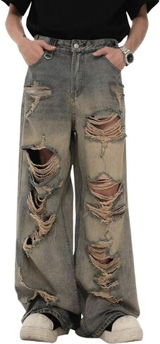بنطال جينز رجالي فضفاض من FCOOLYEET Y2k Grunge ممزق ممزق ملابس الشارع واسعة الساق الهيب هوب من قماش الدنيم مع ثقوب in Kuwait
