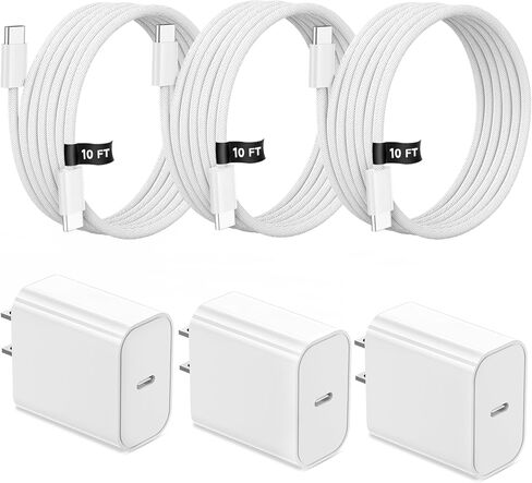 كتلة شاحن USB C سريع لهاتف iPhone 17 16 15,10FT طويلة 3 حزم USBC إلى كابل USBC سلك iPad 20W قابس سفر شحن سريع كابل مضفر لهاتف iPhone 17 Air/Pro/Max/16 Pro/Plus/15/15 Pro/Pro Max، iPad Pro in Kuwait