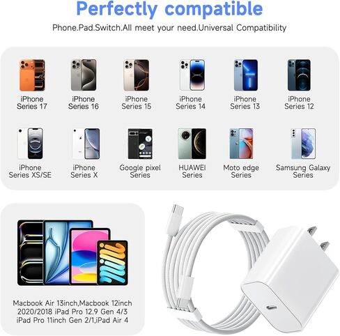 كتلة شاحن USB C سريع لهاتف iPhone 17 16 15,10FT طويلة 3 حزم USBC إلى كابل USBC سلك iPad 20W قابس سفر شحن سريع كابل مضفر لهاتف iPhone 17 Air/Pro/Max/16 Pro/Plus/15/15 Pro/Pro Max، iPad Pro in Kuwait