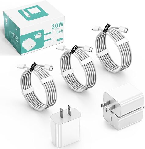 كتلة شاحن USB C سريع لهاتف iPhone 17 16 15,10FT طويلة 3 حزم USBC إلى كابل USBC سلك iPad 20W قابس سفر شحن سريع كابل مضفر لهاتف iPhone 17 Air/Pro/Max/16 Pro/Plus/15/15 Pro/Pro Max، iPad Pro in Kuwait