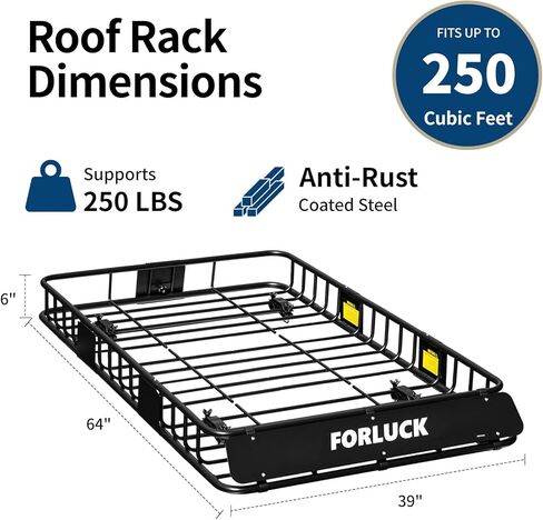 Forluck 64 × 39 × 6 بوصة حامل بضائع عالمي بوزن 250 رطلًا، حامل بضائع على السطح مع ملحق، حامل أمتعة علوي للسيارة لسيارات الدفع الرباعي والشاحنات أو تخزين التخييم RV، هيكل فولاذي in Kuwait