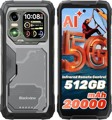 Blackview XPLORE 1 AI 5G Unlocked Rugged Phone Android 15, 20000mAh Battery 36GB+256GB/TF 2TB, 6.78" 2.4K 120Hz Large Rugged Smartphone, 64MP+20MP Night Vision IP69K Waterproof Dual SIM NFC/OTG/WiFi in Kuwait