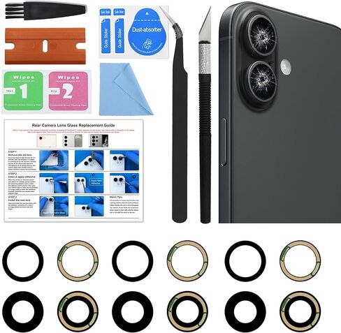 3-Pack Rear Camera Lens Glass Replacement Kit Compatible with iPhone 16 & 16 Plus, with Pre-installed Tape + Repair Tools + Instruction Manual in Saudi Arabia