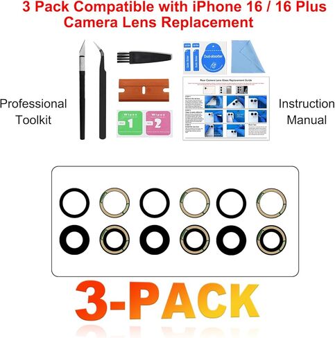 3-Pack Rear Camera Lens Glass Replacement Kit Compatible with iPhone 16 & 16 Plus, with Pre-installed Tape + Repair Tools + Instruction Manual in Saudi Arabia