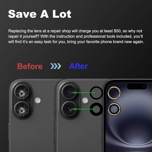 3-Pack Rear Camera Lens Glass Replacement Kit Compatible with iPhone 16 & 16 Plus, with Pre-installed Tape + Repair Tools + Instruction Manual in Saudi Arabia