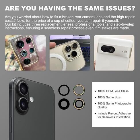 3-Pack Rear Camera Lens Glass Replacement Kit Compatible with iPhone 16 & 16 Plus, with Pre-installed Tape + Repair Tools + Instruction Manual in Saudi Arabia