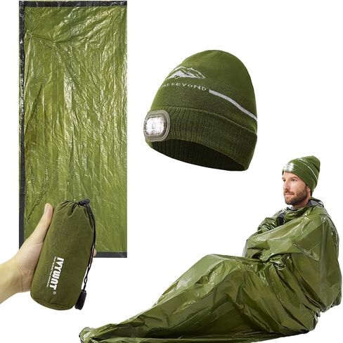 Emergency Sleeping Bag & LED Beanie Kit - Portable Bivy Sack Blanket, Winter Warm Knitted Hat with Light, Waterproof Survival Gear for Camping Hiking Adventure in Saudi Arabia