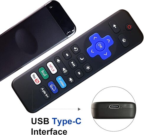 استبدال جهاز التحكم عن بعد لتلفزيون Roku القابل لإعادة الشحن عبر USB-C - جهاز تحكم عن بعد عالمي لتلفزيونات TCL، Hisense، Onn Roku، 6 مفاتيح اختصار، التحكم في مستوى الصوت وكتم الصوت (ليس لعصا/صندوق Roku) in Kuwait