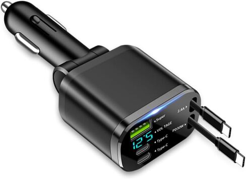 Upgraded Retractable Car Charger Adapter,3-Port & 2-Cable Car Phone Charger with 30W PD Fast Charging Cable & Voltage Display,5 in 1 Type C and USB Cars Chargers Adapter in Saudi Arabia