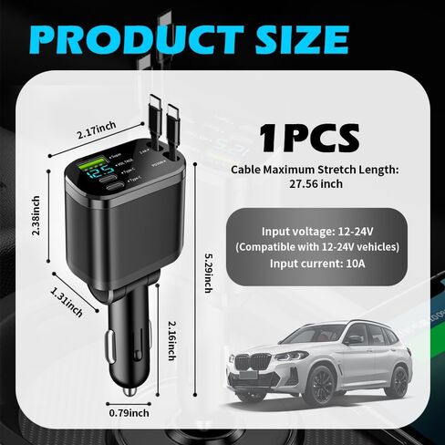 Upgraded Retractable Car Charger Adapter,3-Port & 2-Cable Car Phone Charger with 30W PD Fast Charging Cable & Voltage Display,5 in 1 Type C and USB Cars Chargers Adapter in Saudi Arabia