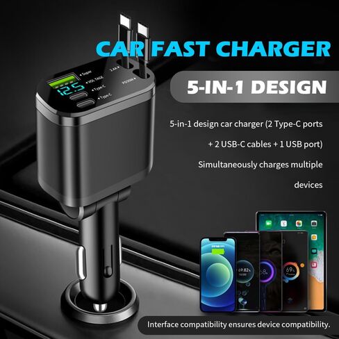 Upgraded Retractable Car Charger Adapter,3-Port & 2-Cable Car Phone Charger with 30W PD Fast Charging Cable & Voltage Display,5 in 1 Type C and USB Cars Chargers Adapter in Saudi Arabia