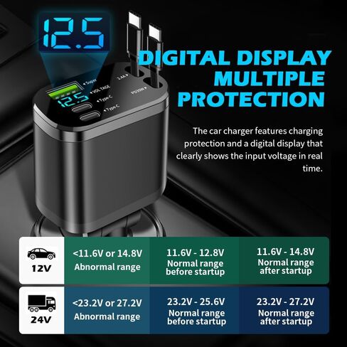 Upgraded Retractable Car Charger Adapter,3-Port & 2-Cable Car Phone Charger with 30W PD Fast Charging Cable & Voltage Display,5 in 1 Type C and USB Cars Chargers Adapter in Saudi Arabia