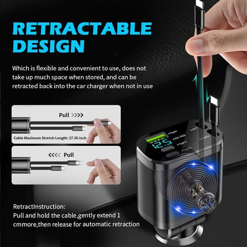 Upgraded Retractable Car Charger Adapter,3-Port & 2-Cable Car Phone Charger with 30W PD Fast Charging Cable & Voltage Display,5 in 1 Type C and USB Cars Chargers Adapter in Saudi Arabia