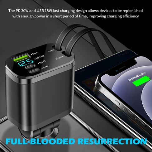 Upgraded Retractable Car Charger Adapter,3-Port & 2-Cable Car Phone Charger with 30W PD Fast Charging Cable & Voltage Display,5 in 1 Type C and USB Cars Chargers Adapter in Saudi Arabia