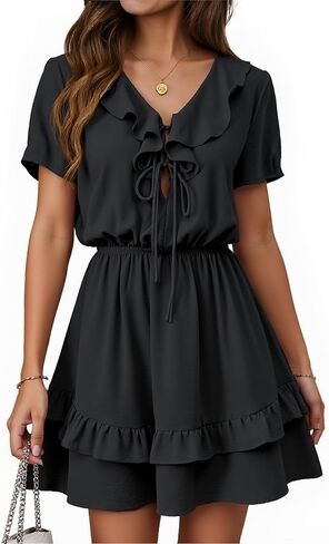 Angashion Womens Tie Front Mini Dress: V Neck Long Sleeve Layer Ruffle Hem Dress with Pockets in Saudi Arabia