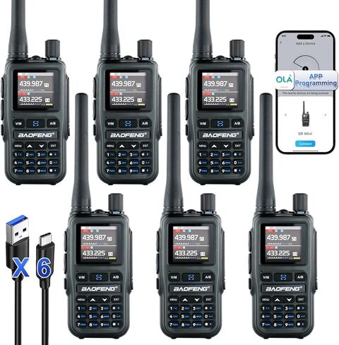 راديو Baofeng UV-5R صغير محمول باليد طويل المدى وراديو ثنائي الاتجاه PTT قابل لإعادة الشحن، أجهزة اتصال لاسلكية طويلة المدى NOAA برمجة تطبيق راديو الطقس 999CH USB-C شحن راديو البقاء 6 حزم in Saudi Arabia