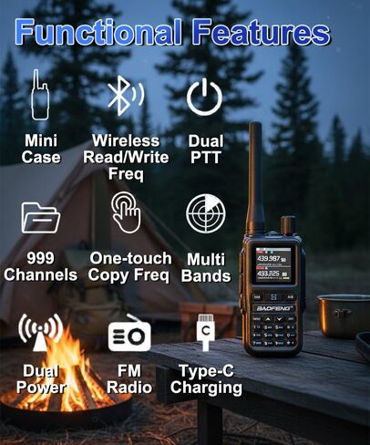 راديو Baofeng UV-5R صغير محمول باليد طويل المدى وراديو ثنائي الاتجاه PTT قابل لإعادة الشحن، أجهزة اتصال لاسلكية طويلة المدى NOAA برمجة تطبيق راديو الطقس 999CH USB-C شحن راديو البقاء 6 حزم in Saudi Arabia
