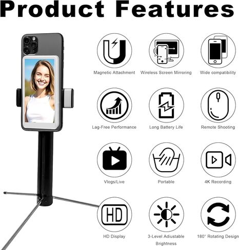 5" Upgraded Phone Vlog Selfie Monitor Screen, Back Camera Monitor with Magnetic Phone Clip, Low Latency, Remote Control, Compatible with iPhone & Android for Live Streaming TikTok in Saudi Arabia