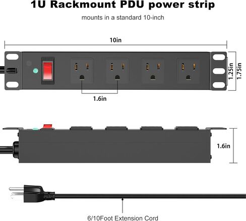 10 inch Rack PDU,4 Outlets Rack Mount PDU Power Strips, 1U Rack Mount,Rack Mount Power Strips for 10'' Mini Server Cabinets/Rack,1200J Surge Protection/15A Overload Switch,6FT 14AWG Extension Cord in Saudi Arabia