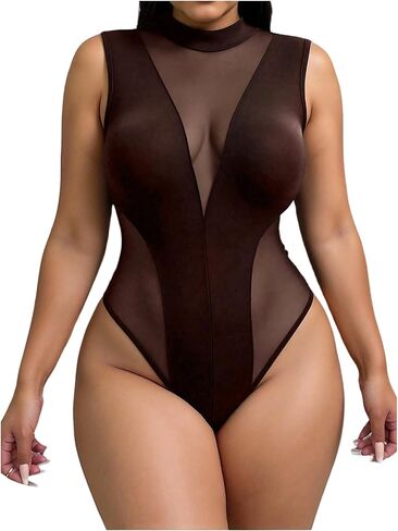 OYOANGLE Women's Plus Size See Through Mesh Insert Bodysuit Sleeveless Mock Neck Leotard Tops in Kuwait