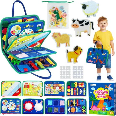Tilhumt 8 in 1 Busy Book for Toddler 1-3, Montessori Boy Board with Storage Bag for Travel Quiet Learning Sensory Toys, Felt Busy Book for Baby Educational Gift Activities Fine Motor Skills in Kuwait