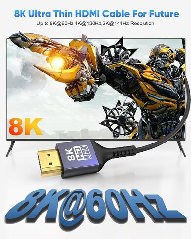 Ultra Thin HDMI Cable 10FT 8K, 48Gbps Slim HDMI Cable Flexible HDMI 2.1 Cable Cord [8K@60Hz, 4K@120Hz, HDR10+, eARC, 3D, HDCP2.3] Compatible with Apple TV/Wall-Mounted TV/Roku/DVD/PS5/Monitor in Saudi Arabia