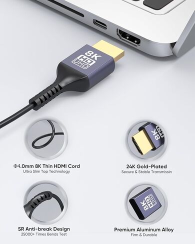 Ultra Thin HDMI Cable 10FT 8K, 48Gbps Slim HDMI Cable Flexible HDMI 2.1 Cable Cord [8K@60Hz, 4K@120Hz, HDR10+, eARC, 3D, HDCP2.3] Compatible with Apple TV/Wall-Mounted TV/Roku/DVD/PS5/Monitor in Saudi Arabia