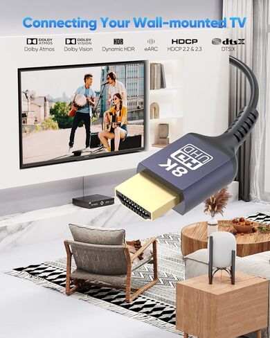 Ultra Thin HDMI Cable 10FT 8K, 48Gbps Slim HDMI Cable Flexible HDMI 2.1 Cable Cord [8K@60Hz, 4K@120Hz, HDR10+, eARC, 3D, HDCP2.3] Compatible with Apple TV/Wall-Mounted TV/Roku/DVD/PS5/Monitor in Saudi Arabia