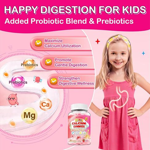 حلوى الكالسيوم للأطفال مع د3 والمغنيسيوم لعمر 4+: سيترات الكالسيوم الخالية من السكر مع فيتامين د3، ك2، الزنك، البروبيوتيك والبريبايوتكس للأطفال - خالية من الغلوتين، غير معدلة وراثيًا، نباتي، نكهة الفراولة الطبيعية in Kuwait