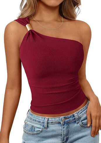 PRETTYGARDEN One Shoulder Going Out Tops for Women 2026 Summer Trendy Sleeveless Fitted Ribbed Shirts Spring Y2K Clothes in Saudi Arabia