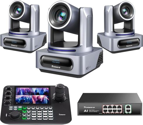 مجموعة/أطقم كاميرا Tenveo PTZ - 20X NDI AI Humanoid & Face Auto-Tracking 3G-SDI/HDMI/USB3.0/LAN(PoE) PTZ (*3)، وحدة تحكم عصا التحكم NDI PTZ رباعية الشاشات 7 بوصة ومفتاح Gigabit PoE بـ 8 منافذ in Kuwait
