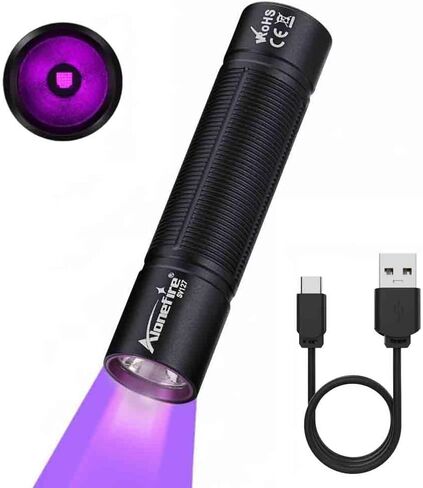 ALONEFIRE SV127 Mini 395nm UV مصباح يدوي USB C قابل لإعادة الشحن Blacklight Woods مصباح كاشف المال ضوء أسود للكشف عن بول الحيوانات الأليفة والمعادن والصخور وتسريبات التيار المتردد مع بطارية مدمجة in Kuwait