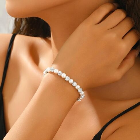 6MM Pearl Crystal Bracelets for Women,925 Sterling Silver Chain Link Dainty Simulated Pearl Rhinestone Beads Bracelet Trendy Jewelry to Mother Daughter Valentines Birthday Gifts in Saudi Arabia