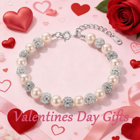 6MM Pearl Crystal Bracelets for Women,925 Sterling Silver Chain Link Dainty Simulated Pearl Rhinestone Beads Bracelet Trendy Jewelry to Mother Daughter Valentines Birthday Gifts in Saudi Arabia