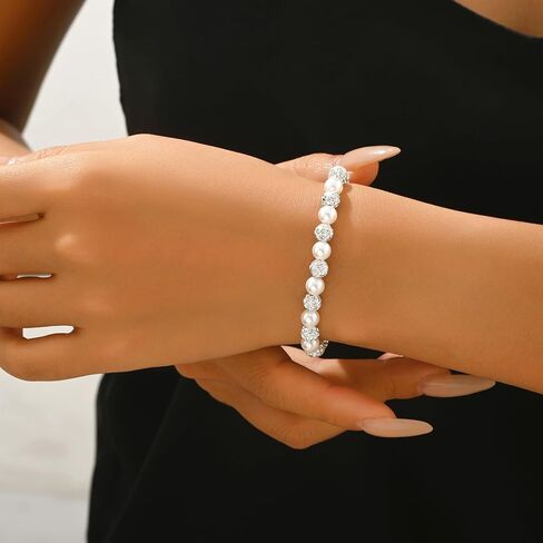 6MM Pearl Crystal Bracelets for Women,925 Sterling Silver Chain Link Dainty Simulated Pearl Rhinestone Beads Bracelet Trendy Jewelry to Mother Daughter Valentines Birthday Gifts in Saudi Arabia