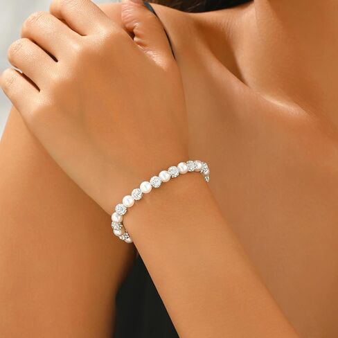 6MM Pearl Crystal Bracelets for Women,925 Sterling Silver Chain Link Dainty Simulated Pearl Rhinestone Beads Bracelet Trendy Jewelry to Mother Daughter Valentines Birthday Gifts in Saudi Arabia