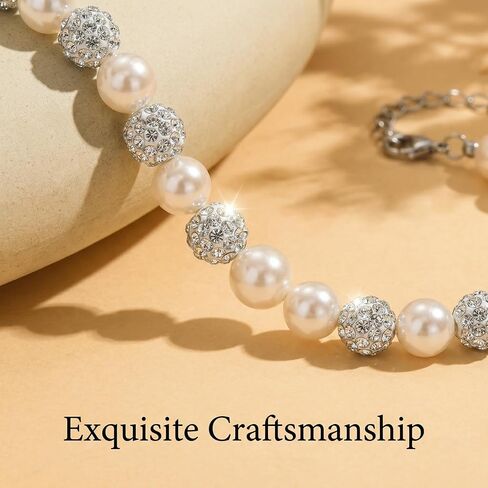 6MM Pearl Crystal Bracelets for Women,925 Sterling Silver Chain Link Dainty Simulated Pearl Rhinestone Beads Bracelet Trendy Jewelry to Mother Daughter Valentines Birthday Gifts in Saudi Arabia