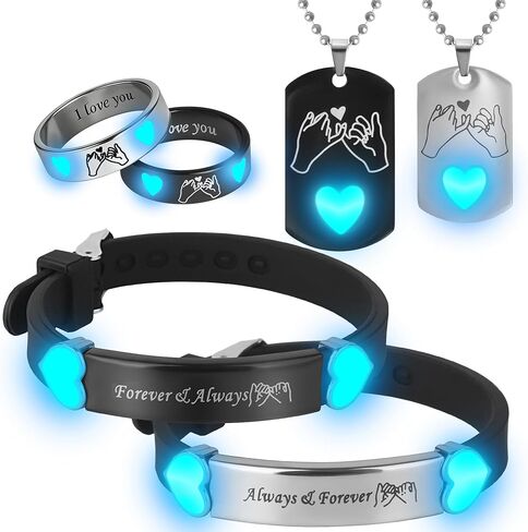 6/Pcs Set Glowing Matching Couple Ring Bracelets Necklaces for Boyfriend Girlfriend Husband Wife Valentines Anniversary Birthday Engagement Gifts in Saudi Arabia