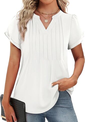 Funlingo Womens Blouses Dressy Casual Short Petal Sleeve Tops Business Summer Pintuck Chiffon Tops 2026 in Saudi Arabia