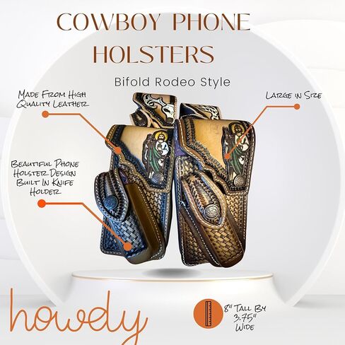 Western Leather Phone Holster with Knife Holder – Hand Tooled Cowboy Design – Made in Mexico – Belt Clip Case for Smartphones – Rodeo Style EDC in Saudi Arabia