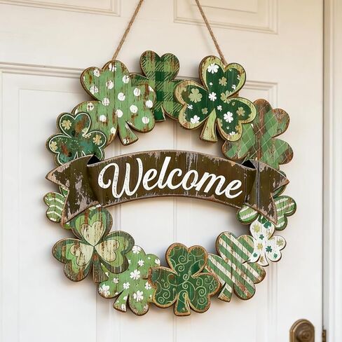 St Patrick's Day Welcome Sign Welcome Door Signs for Front Door Outside Shamrock Wreath Hanging Decoration for Holiday Home Wall Farmhouse St Patrick's Day Decor Irish Gift for Women Wooden Wreath in Saudi Arabia