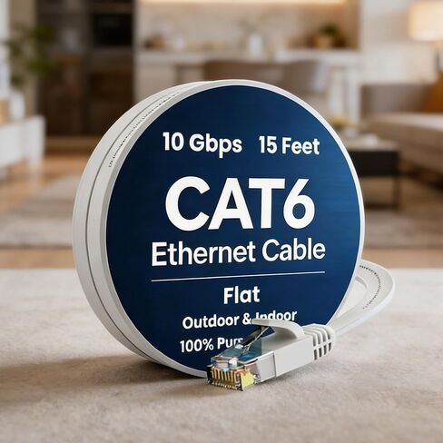 Cat 6 Ethernet Cable 15ft, Indoor&Outdoor, High Speed 10Gbps Flat Internet Network Cable, Pure Copper Ethernet Patch Cable Short, Cat6 Computer Cable with Snagless RJ45 Connectors, White in Saudi Arabia