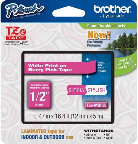 Brother TZe-MQP35 P-Touch Laminating Tape, Width 0.5 inches (12 mm), White Letter/Berry Pink/Matte) in Saudi Arabia
