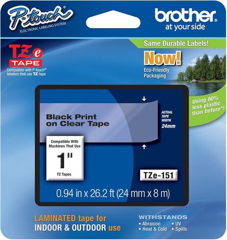 شريط Brother الأصلي 1 بوصة (24 مم) أسود على شريط TZe P-Touch شفاف لصانع الملصقات Brother PT-H500LI، PTH500LI in Kuwait