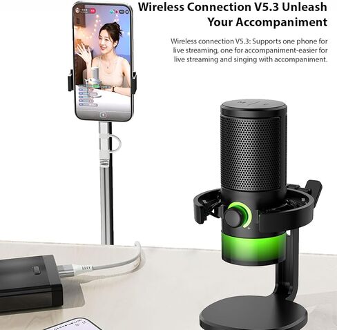 USB Microphone, Desktop Condenser Microphone RGB Light Type C Interface Sound Card Chip Wireless Playback Studio Mic for Streaming Recording PC Phone in Saudi Arabia