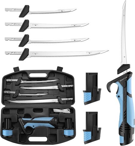 سكين فيليه كهربائي لاسلكي قابل لإعادة الشحن من Calamus BladeVolt، محرك عزم دوران عالي 27,000 دورة في الدقيقة، بطاريتان طويلتان من النوع C، 4 شفرات حادة، معدات صيد الأسماك لتصفية الأسماك، هدايا صيد للرجال in Kuwait