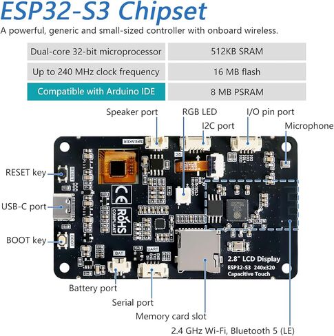 Freenove ESP32-S3 ESP32 S3 Display CYD 2.8 Inch IPS Capacitive Touch Screen 240x320 Pixel, Supporting XiaoZhiAI AI, Dual-core 32-bit 240 MHz Microcontroller WiFi+BT, C Code LVGL Projects Tutorial in Saudi Arabia