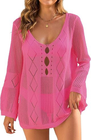 ملابس السباحة النسائية الصيفية الكروشيه التستر مثير طاقم الرقبة طويلة الأكمام شبكة متماسكة بيكيني التستر فساتين الشاطئ 2025 in Kuwait